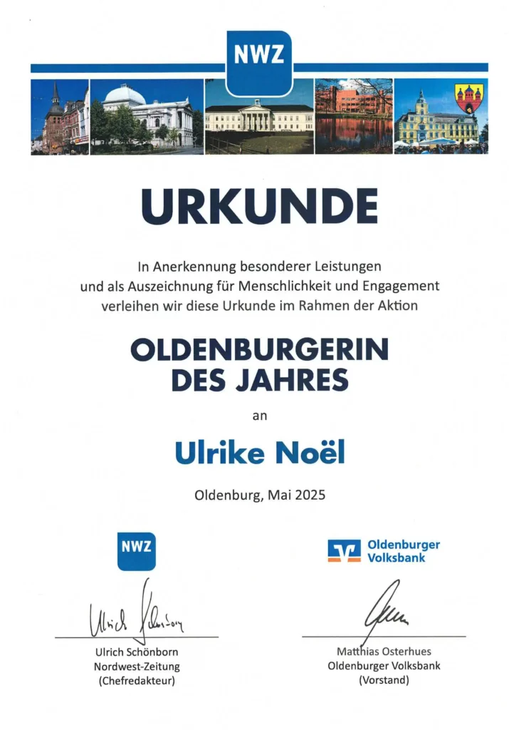 Urkunde Oldenburgerin des Jahres Ulrike Noel
